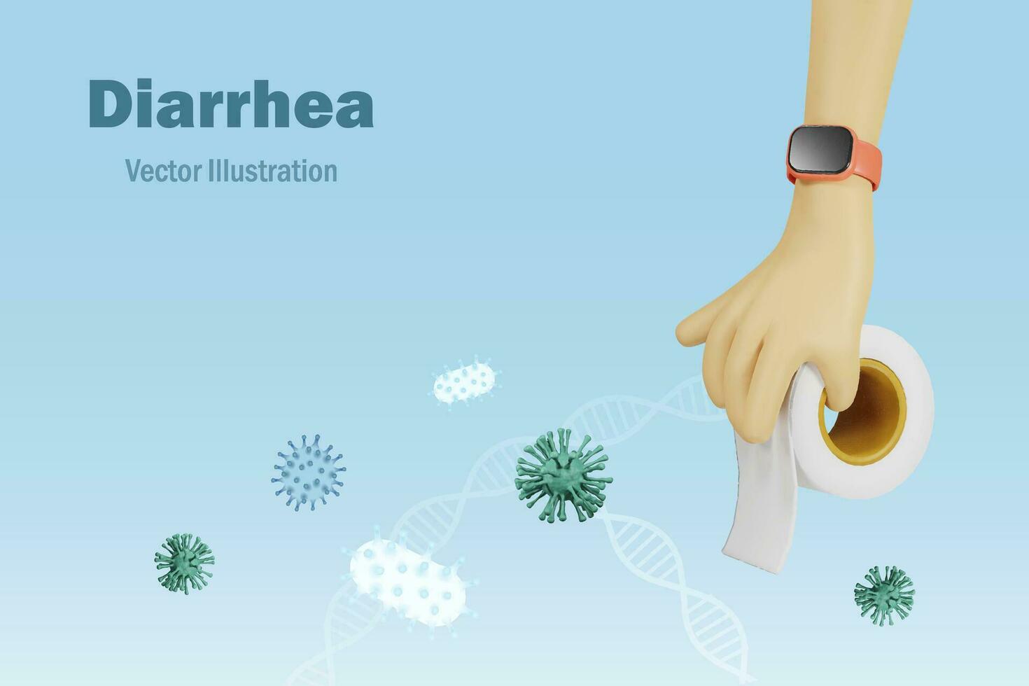 Diarrhea, food poisoning, stomach disorder concept. Hand holding toilet paper roll with bacteria, virus diseases.. 3D vector cartoon character.