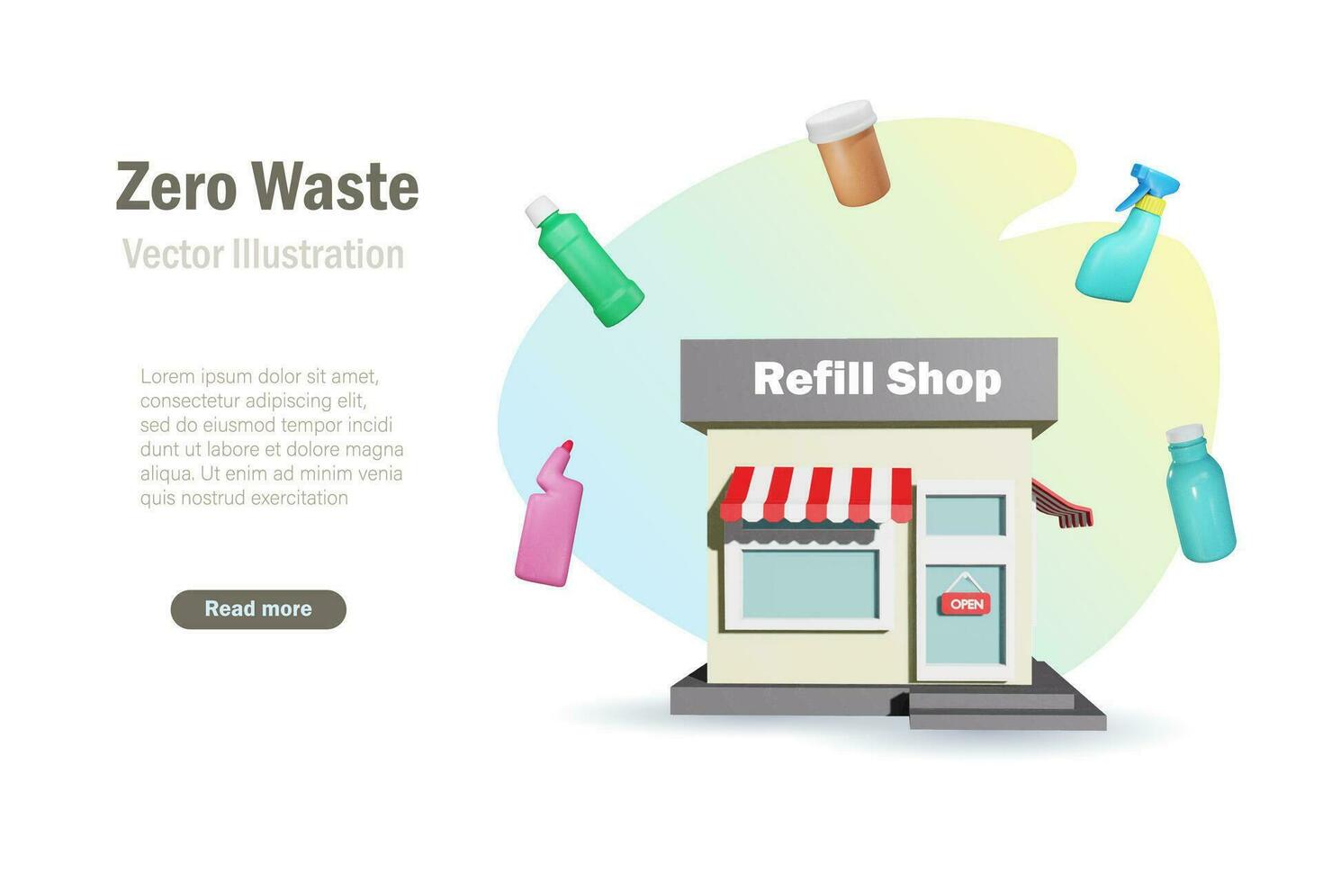 Refill shop for zero waste, sustainable environment with reusable containers. Dispensers for grocery and consumer products. New alternative trend for small business. 3D vector. vector