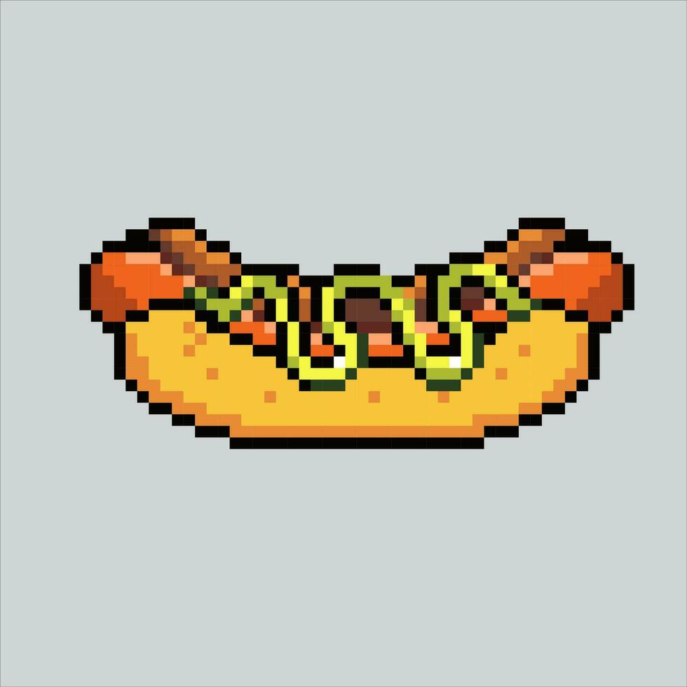 Pixel art illustration Hot Dog. Pixelated Hot Dog Junk Food. Hotdog fastfood icon pixelated for the pixel art game and icon for website and video game. old school retro. vector