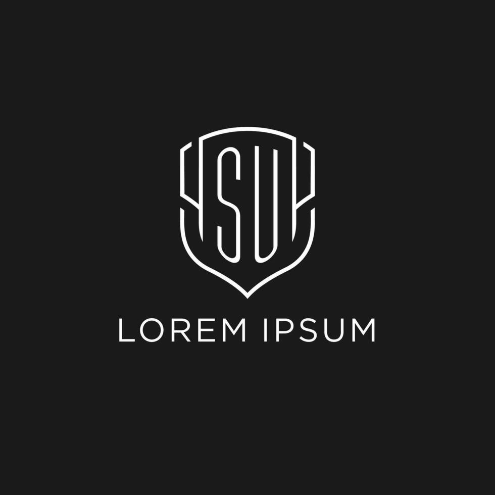 Initial SU logo monoline shield icon shape with luxury style vector