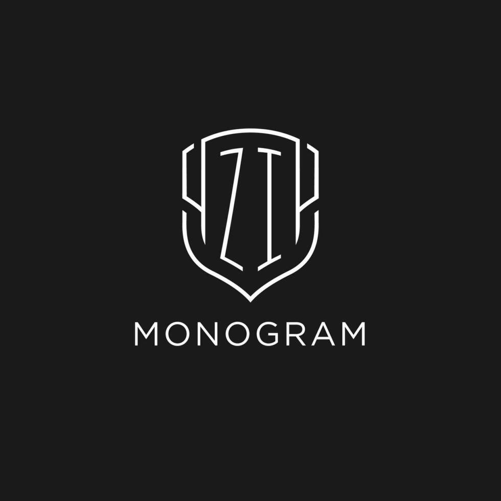 Initial ZI logo monoline shield icon shape with luxury style vector