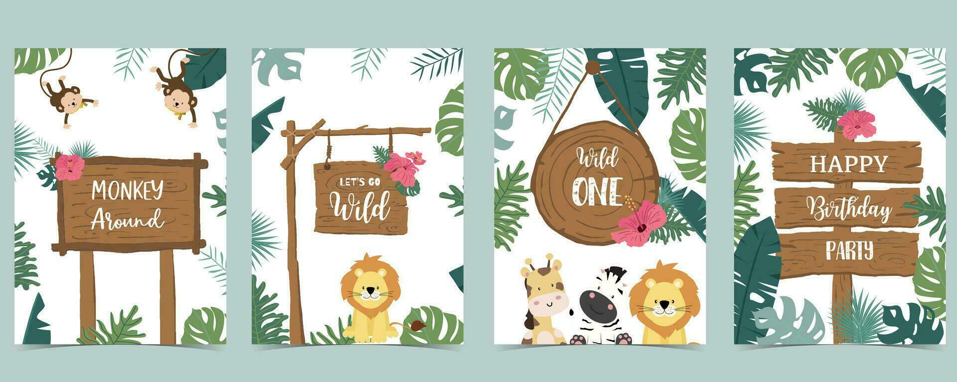 Wood frame collection of safari background set.Editable vector illustration for birthday invitation,postcard and sticker