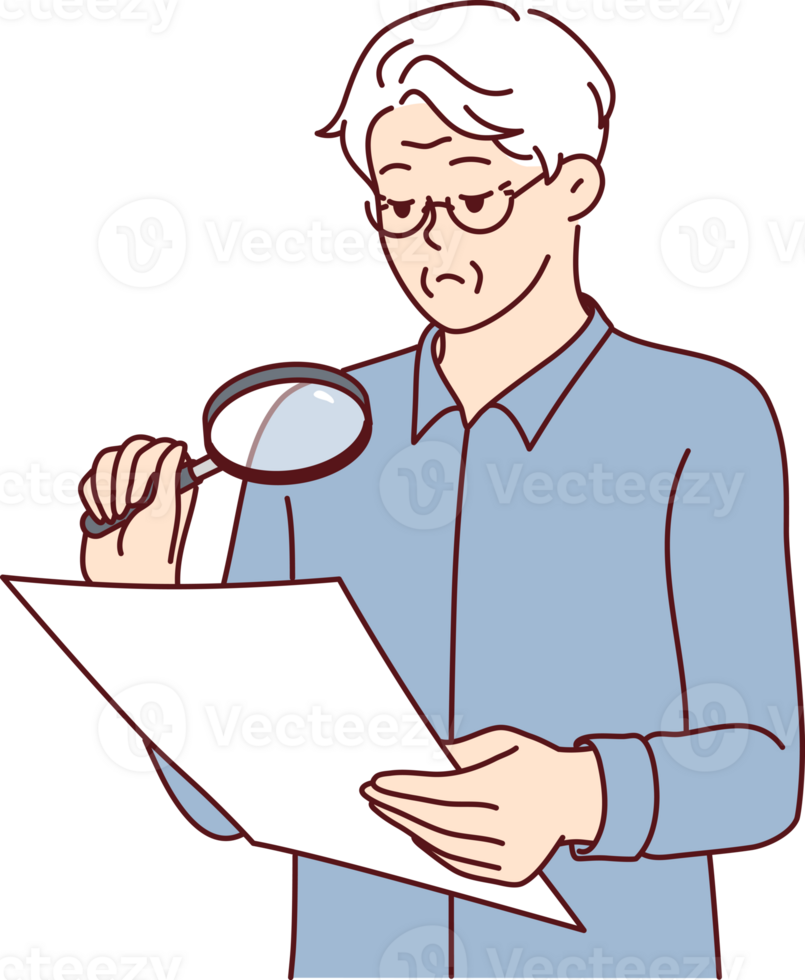 Experienced businessman is checking legal contract using magnifying glass to read fine print png