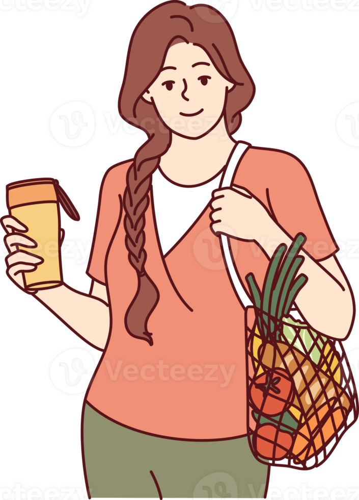 Woman with mesh bag filled with vegetables, drinks coffee from reusable cup to take care of ecology png