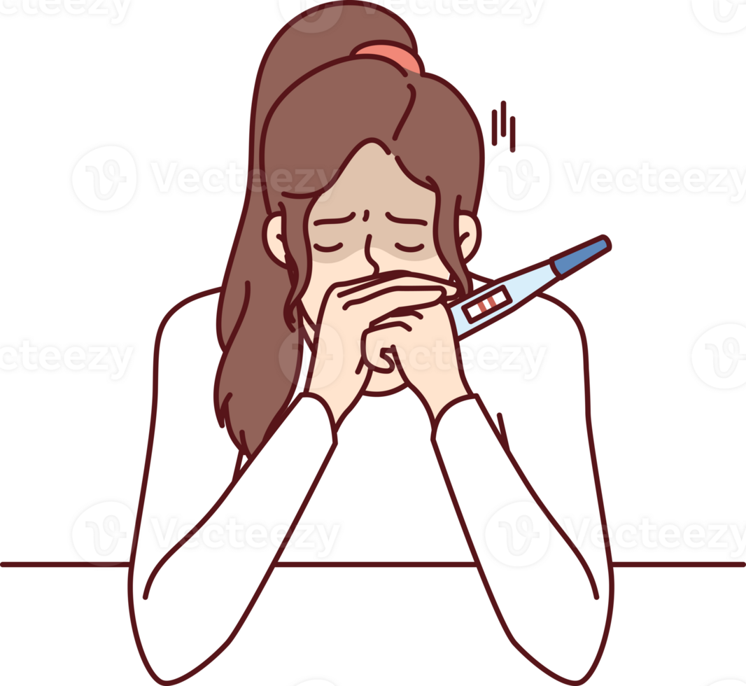 Frustrated pregnancy woman is crying holding pregnancy test with two strips and sitting at table png