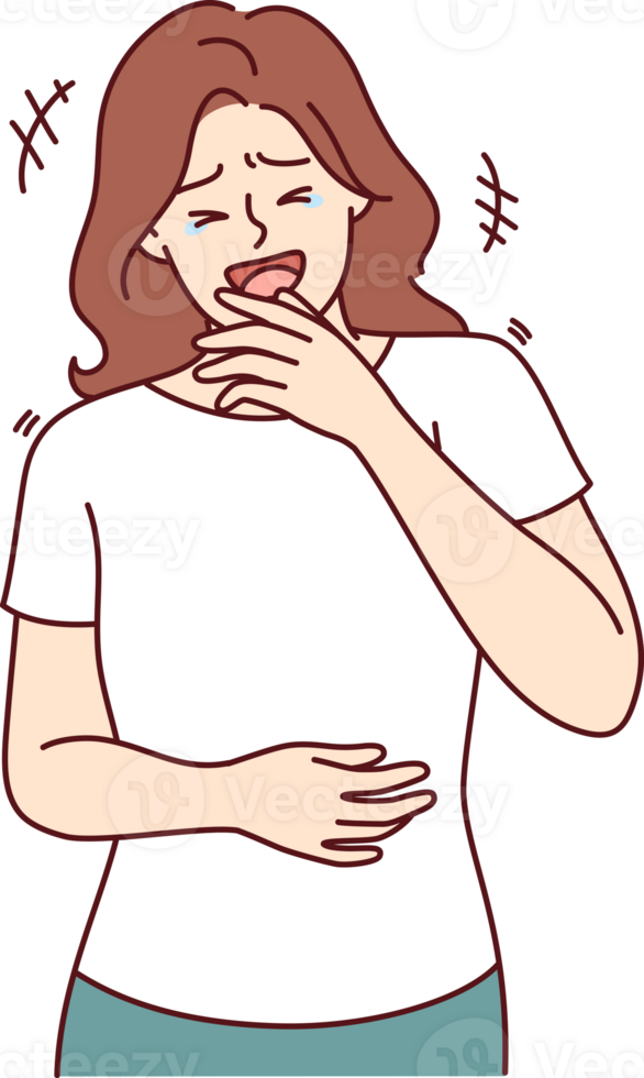 Woman laughs out loud and clutches stomach after hearing joke on TV show with stand-up comedians png