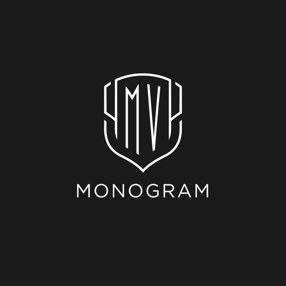 Initial MV logo monoline shield icon shape with luxury style vector