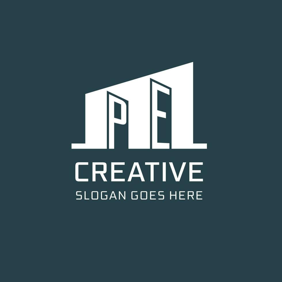Initial PE logo for real estate with simple building icon design ideas vector