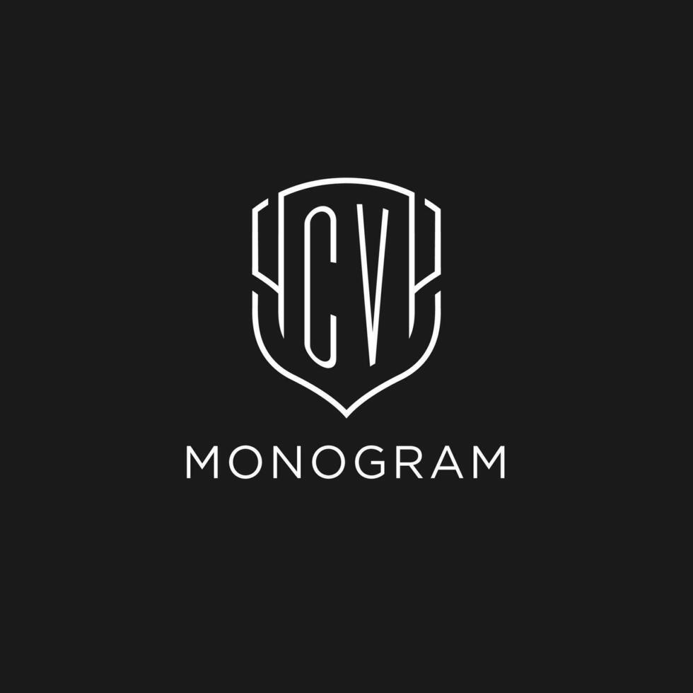 Initial CV logo monoline shield icon shape with luxury style vector