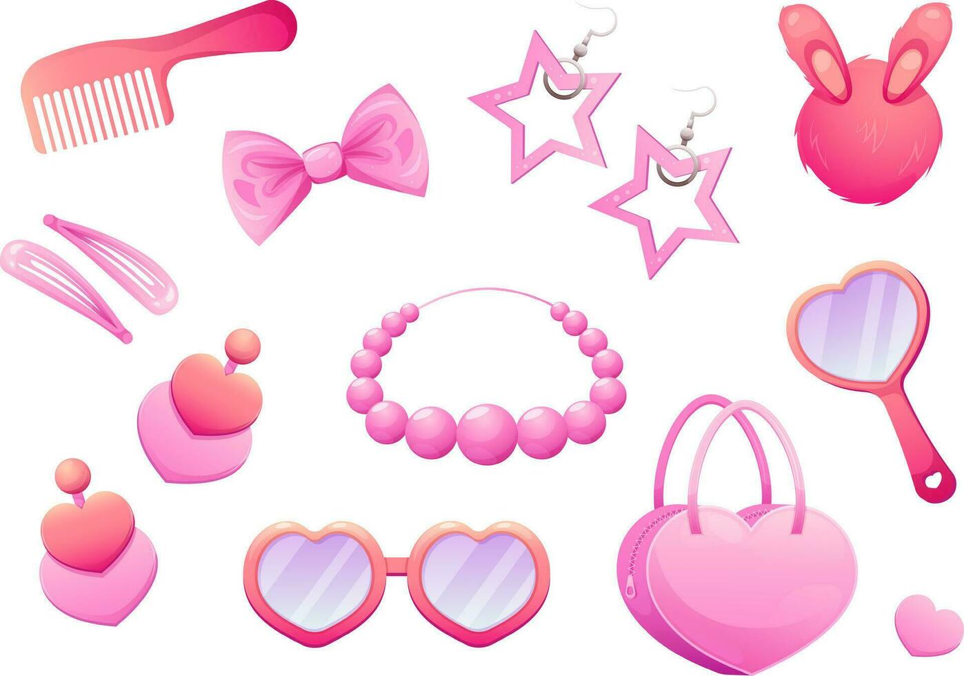 Set of trendy pink accessories and jewelry for dolls, princesses, girls. Star earrings, hearts, beads, bag, hairpin. vector