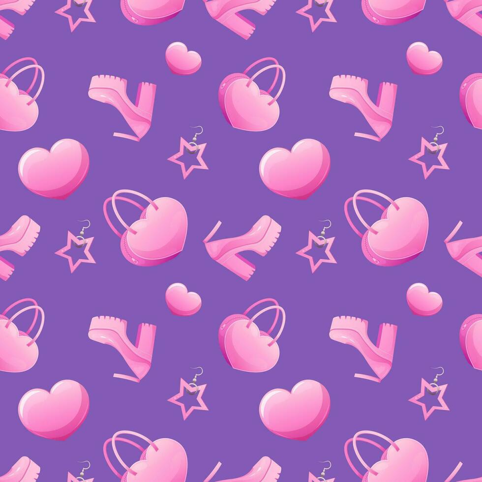 Seamless pattern with pink shoes with thick soles and pink heart bag in trendy colors. Nostalgic vibe of the 2000s. Vector illustration in cartoon style, garish vector