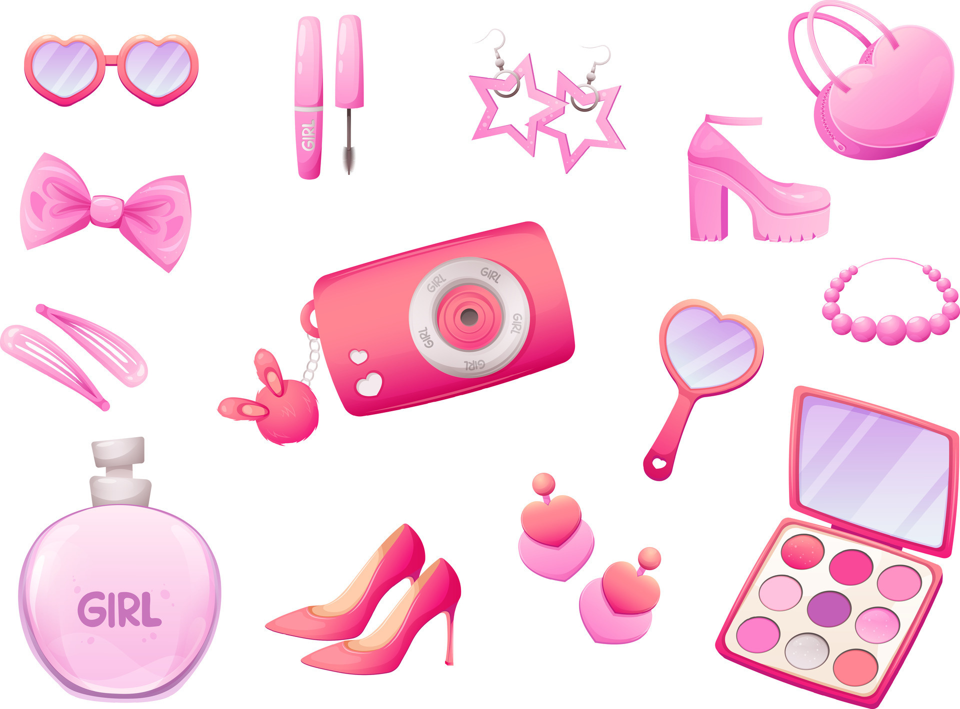 Set of trendy pink accessories in the style of the 2000s. Items