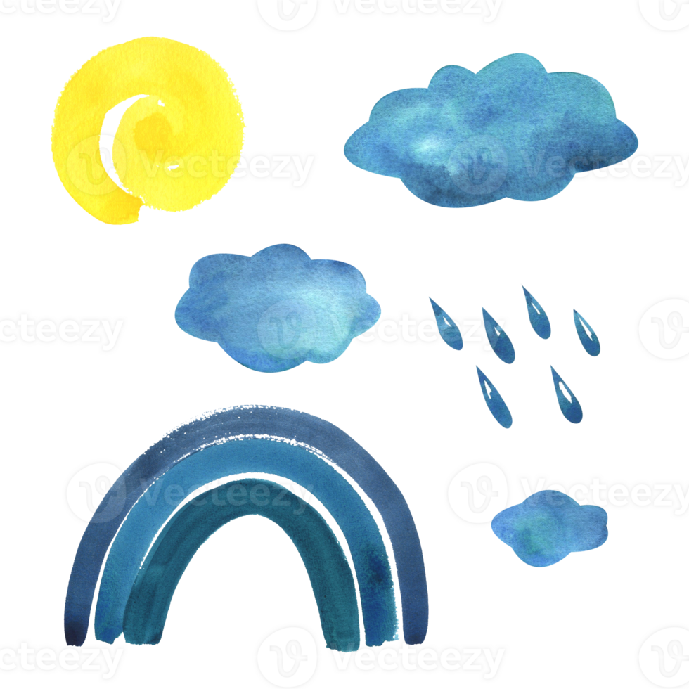 Blue, turquoise rainbow, clouds with raindrops and yellow spiral sun. Watercolor illustration hand drawn in children's style for posters, cards, stickers. Set of isolated objects png