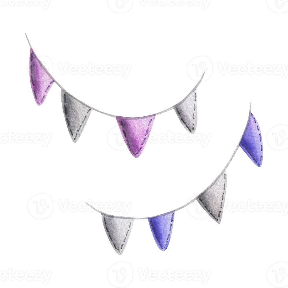 Cute garland made of fabric with stitches of threads with flags in pink, gray and blue. Watercolor illustration hand drawn. Set of isolated objects png