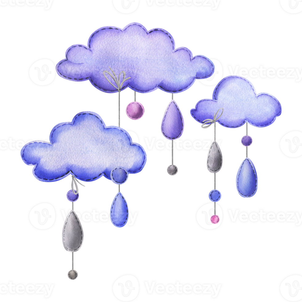 A stitched clouds and raindrops hanging from ropes in blue, purple and pink. Childish cute hand drawn watercolor illustration. Isolated composition png