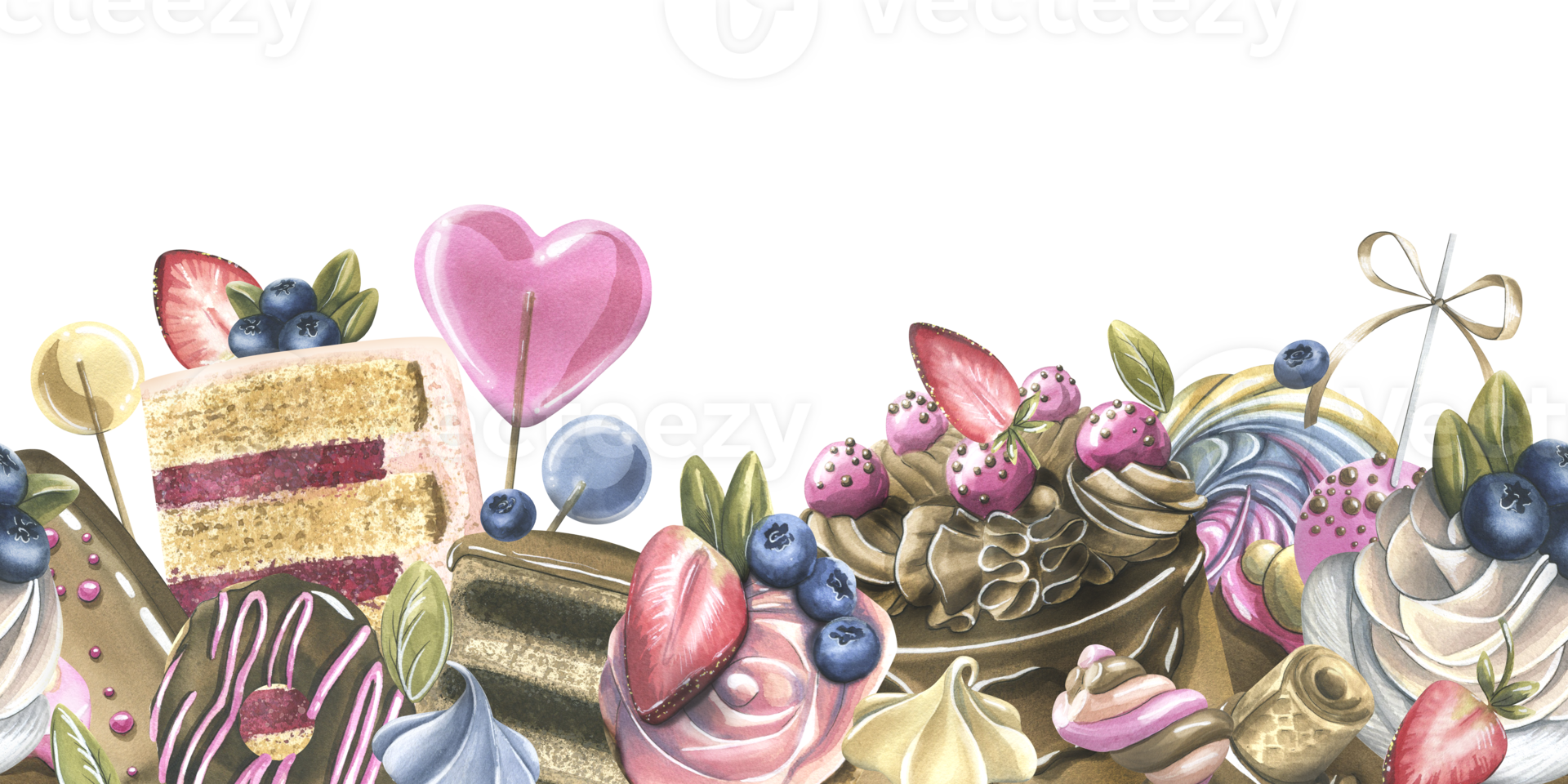 Cakes with brownies, donuts, marshmallows, lollipops, strawberries and blueberries. Watercolor illustration hand drawn. Seamless border png