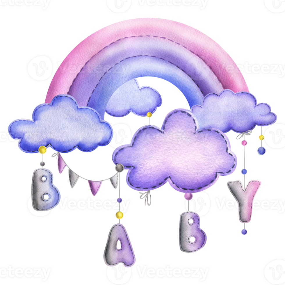 A stitched rainbow with clouds and letters BABY, garland flags, dots hanging from ropes in blue, purple and pink. Cute hand drawn watercolor illustration. Isolated composition png