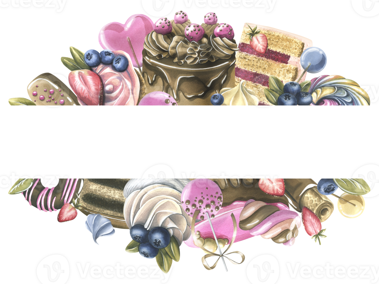 Cakes with brownies, donuts, marshmallows, lollipops, strawberries and blueberries. Watercolor illustration hand drawn. Template, frame png