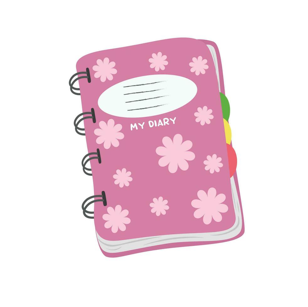 linda cuaderno vector. mano dibujado diario o cuaderno vector ilustracion en sencillo garabatear estilo. cuaderno con flores en rosado cubrir.