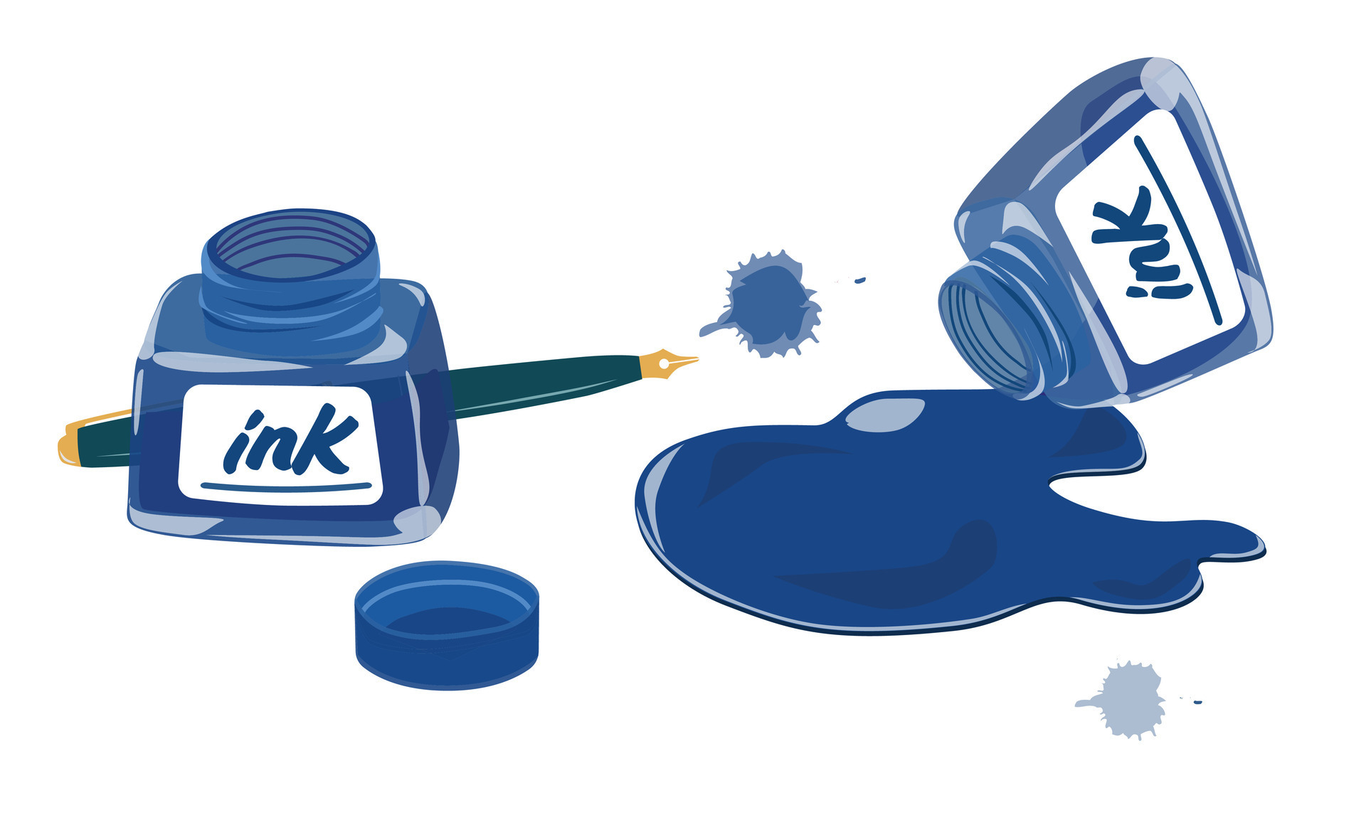 Blue ink bottle vector set. Ink pot or inkpot vector. Dropped ink ...