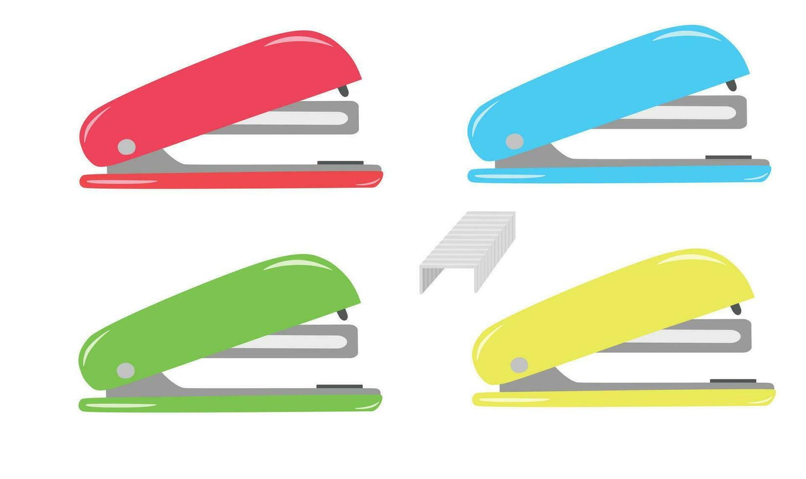 Stapler vector illustration in different colors. Back to school concept. Stationery, office supplies or school supplies vector. Flat vector in cartoon style isolated on white background.