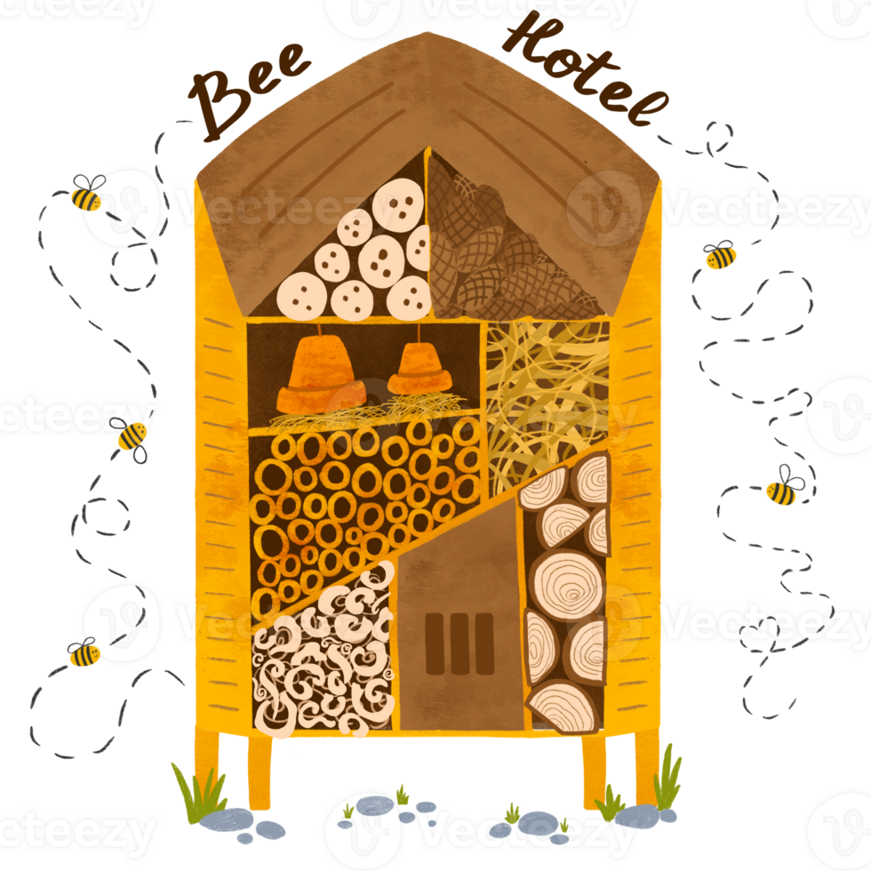 Bee hotel watercolor illustration with wood house with compartments, natural components and honey bees. Cute house for insect isolated element. Save the bees concept. Hand drawn garden poster, card. png