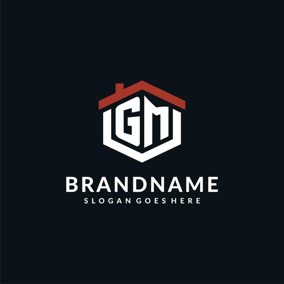 Initial letter GM logo with home roof hexagon shape design ideas vector