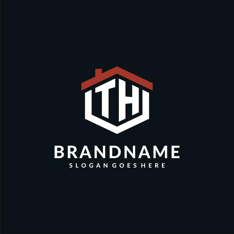 Initial letter TH logo with home roof hexagon shape design ideas vector