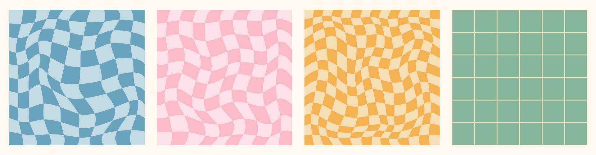 Psychedelic checkerboard. Retro set 60s 70s vector seamless patterns, groovy hippie style background