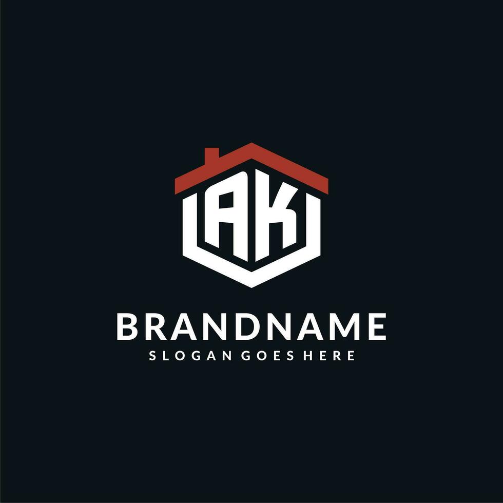 Initial letter AK logo with home roof hexagon shape design ideas vector