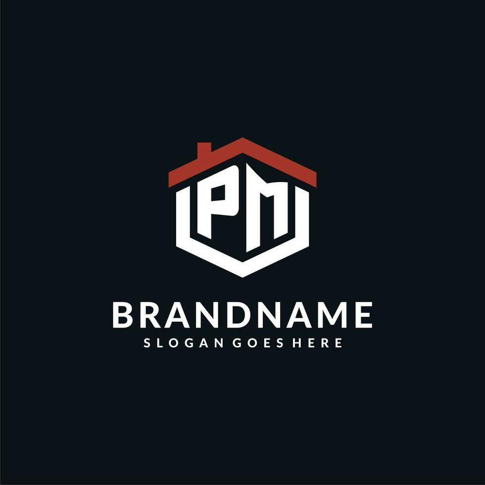 Initial letter PM logo with home roof hexagon shape design ideas vector