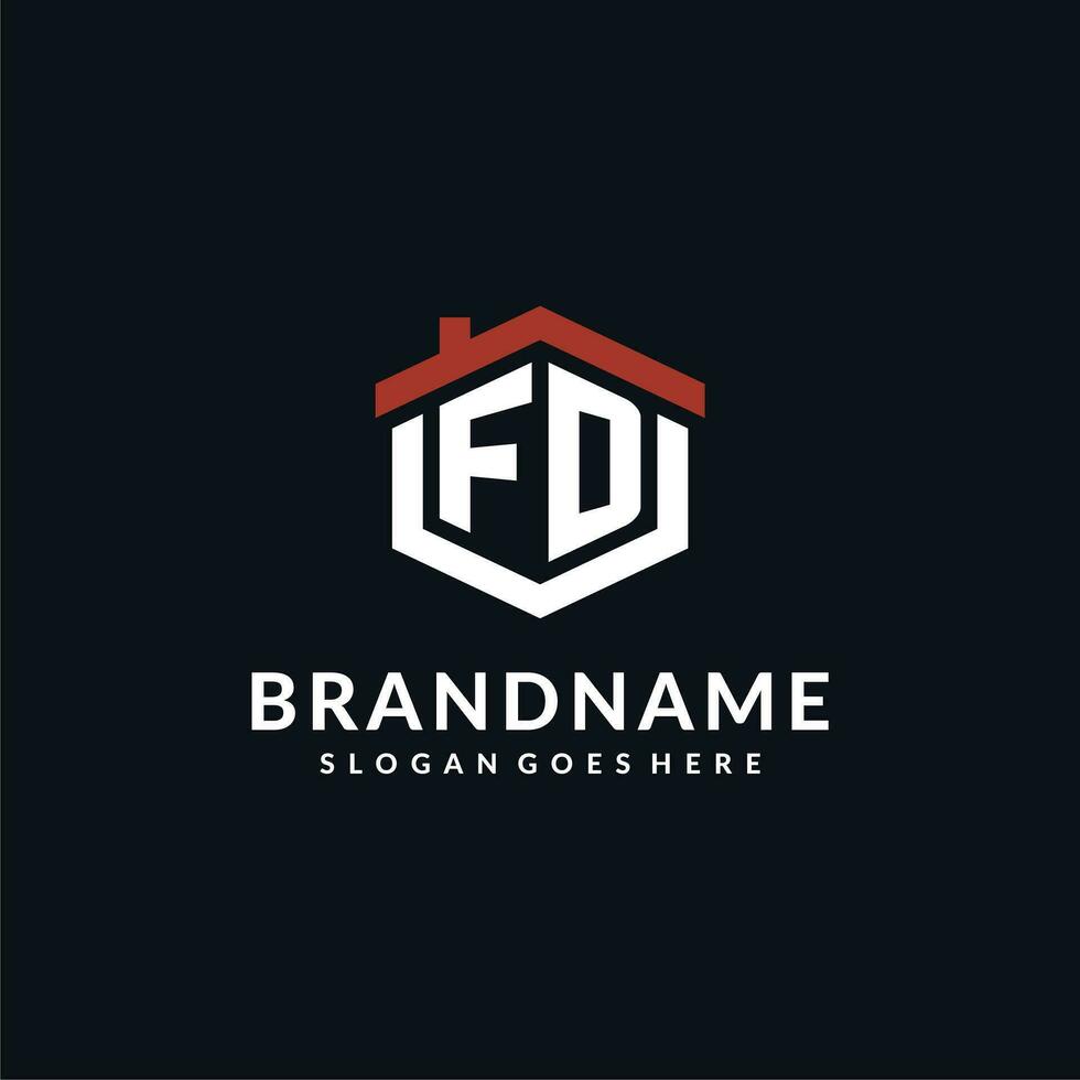 Initial letter FD logo with home roof hexagon shape design ideas vector