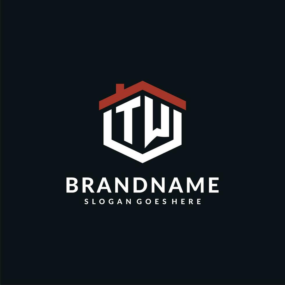 Initial letter TW logo with home roof hexagon shape design ideas vector