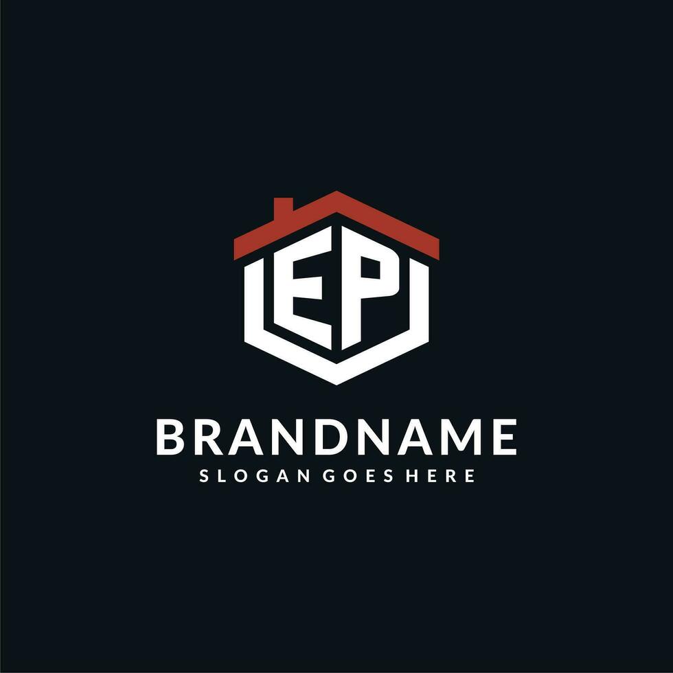 Initial letter EP logo with home roof hexagon shape design ideas vector
