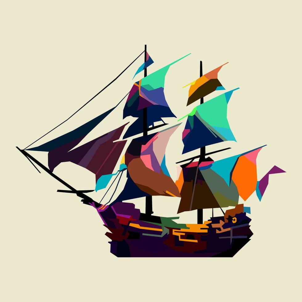 Pirate boat drawn using WPAP art style, pop art, vector illustration.
