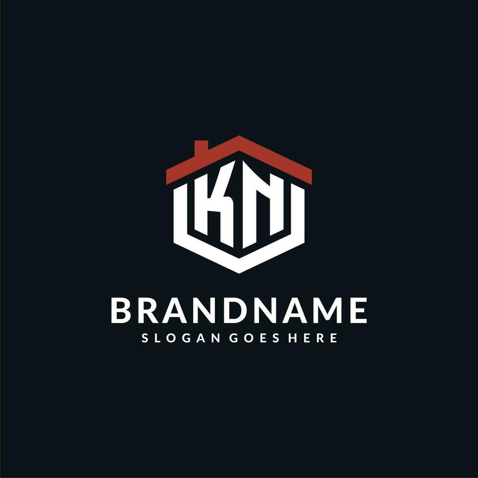 Initial letter KN logo with home roof hexagon shape design ideas vector