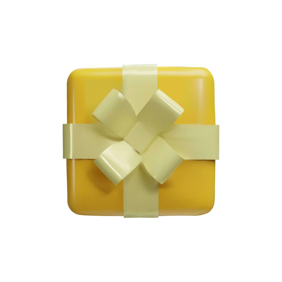 Realistic yellow gift box with white ribbon bow top view on white background. 3d render floating modern holiday surprise box. Clay, plastic vector package for present, birthday or anniversary banners