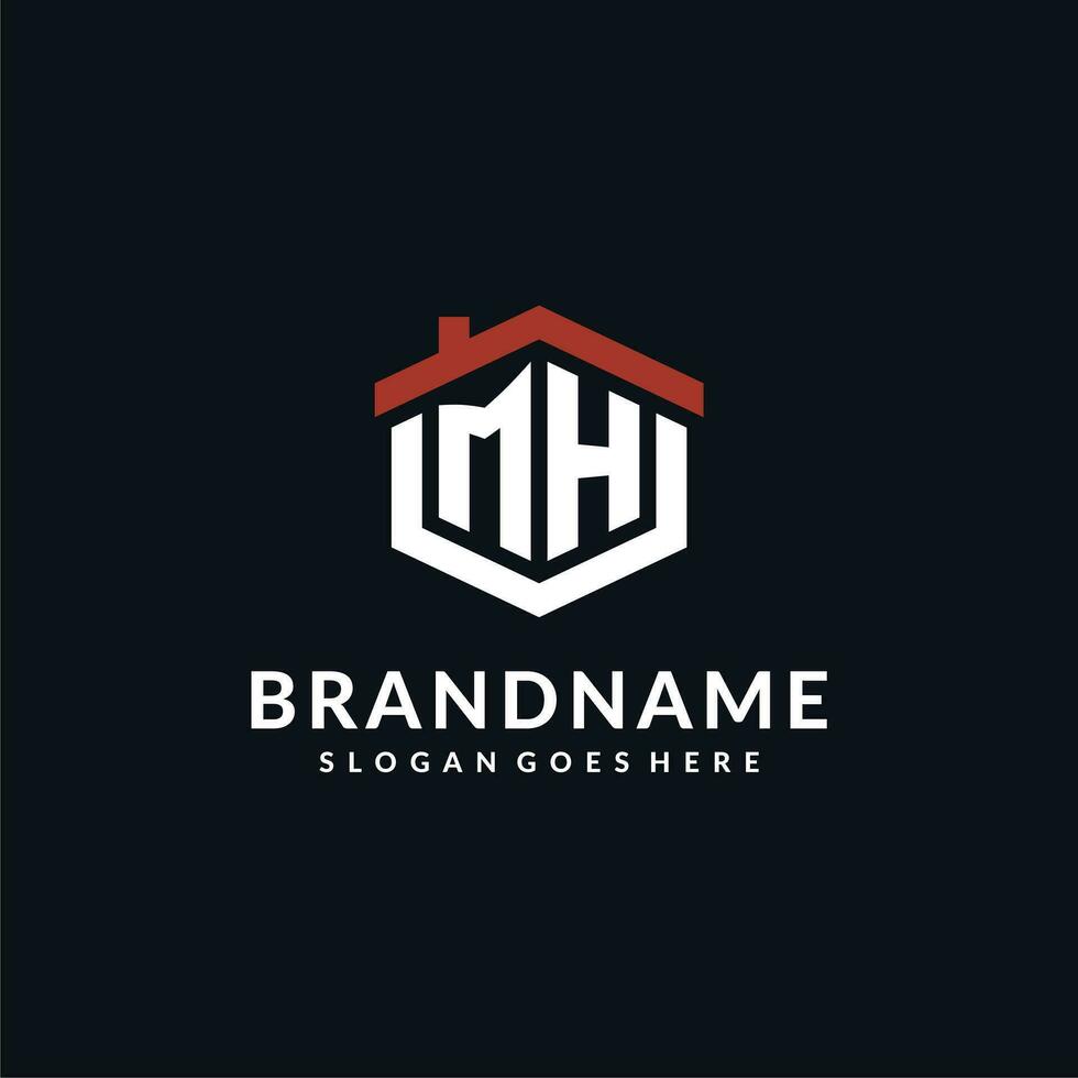 Initial letter MH logo with home roof hexagon shape design ideas vector