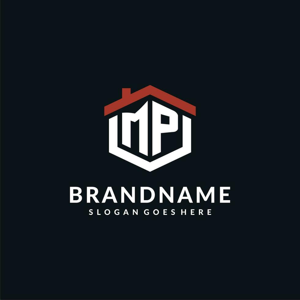 Initial letter MP logo with home roof hexagon shape design ideas vector