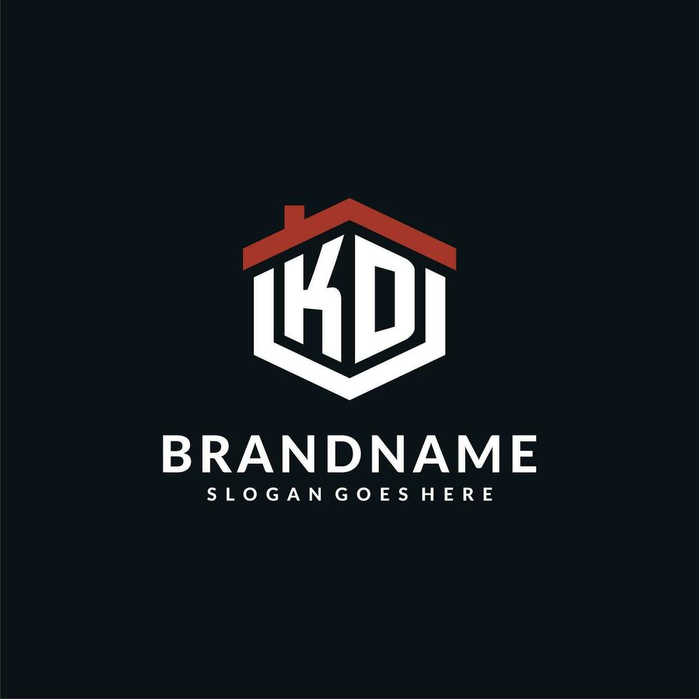 Initial letter KD logo with home roof hexagon shape design ideas vector