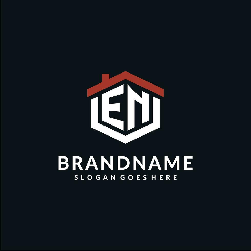 Initial letter EN logo with home roof hexagon shape design ideas vector