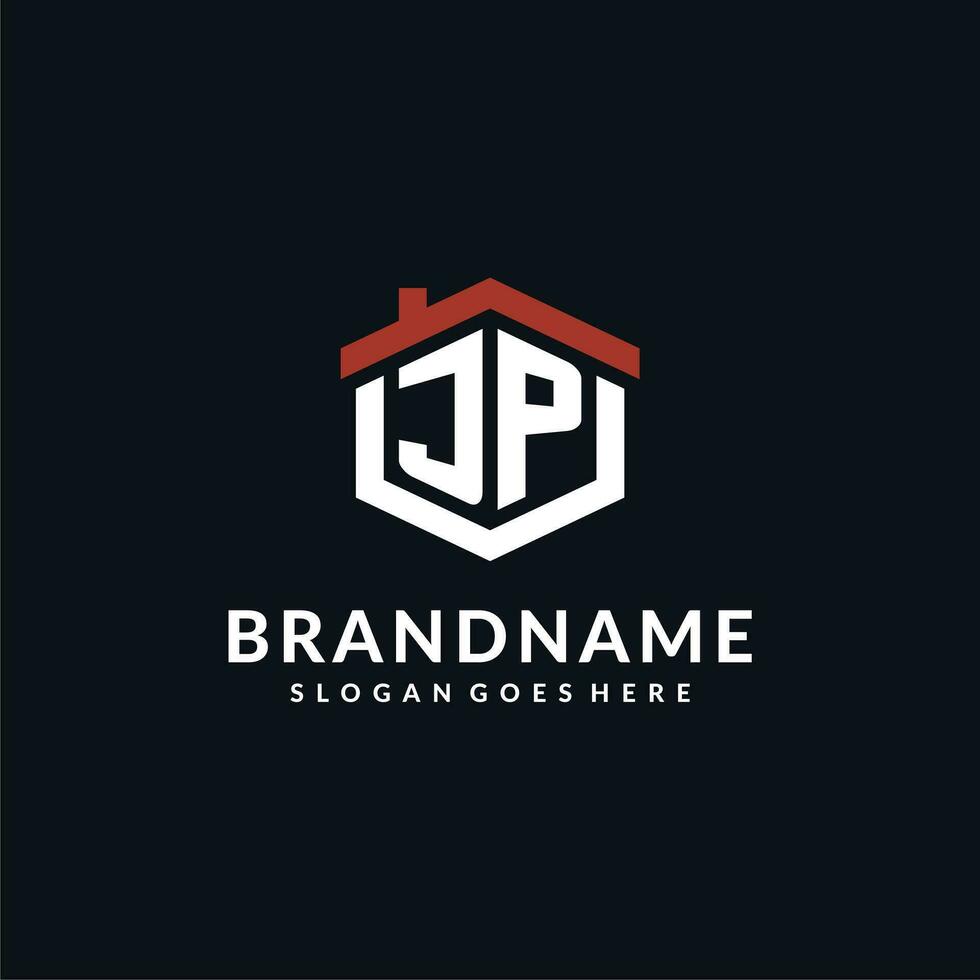Initial letter JP logo with home roof hexagon shape design ideas vector