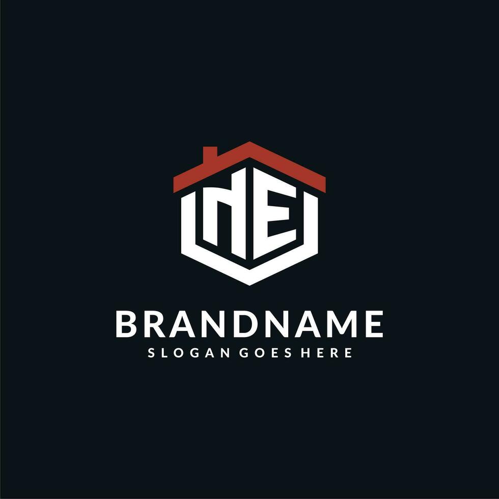 Initial letter NE logo with home roof hexagon shape design ideas vector