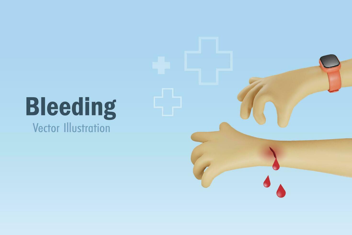 Blood bleeding from hand wound. Accident and injury concept. 3D cartoon character. vector