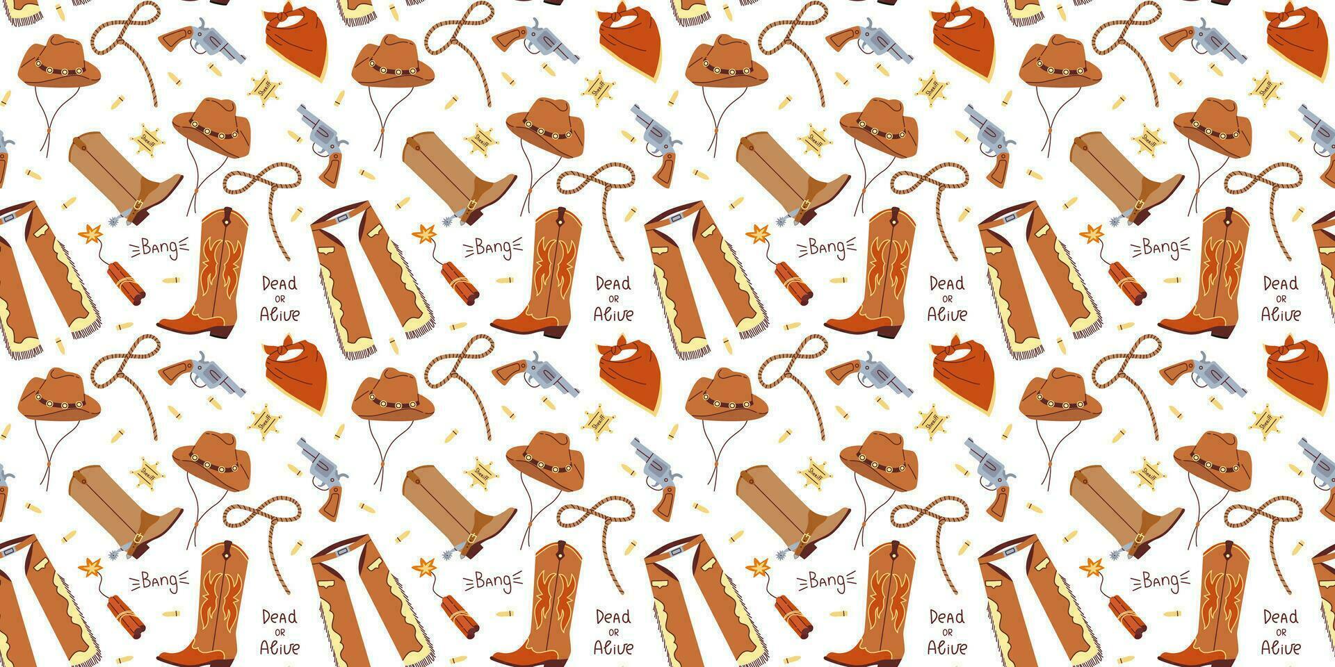 Seamless pattern with hand drawn colorful cowboy clothes on white background in flat cartoon style. Boots, bandana, hat, lasso, gun, chaps. Wild west concept. For background, packaging, textile vector
