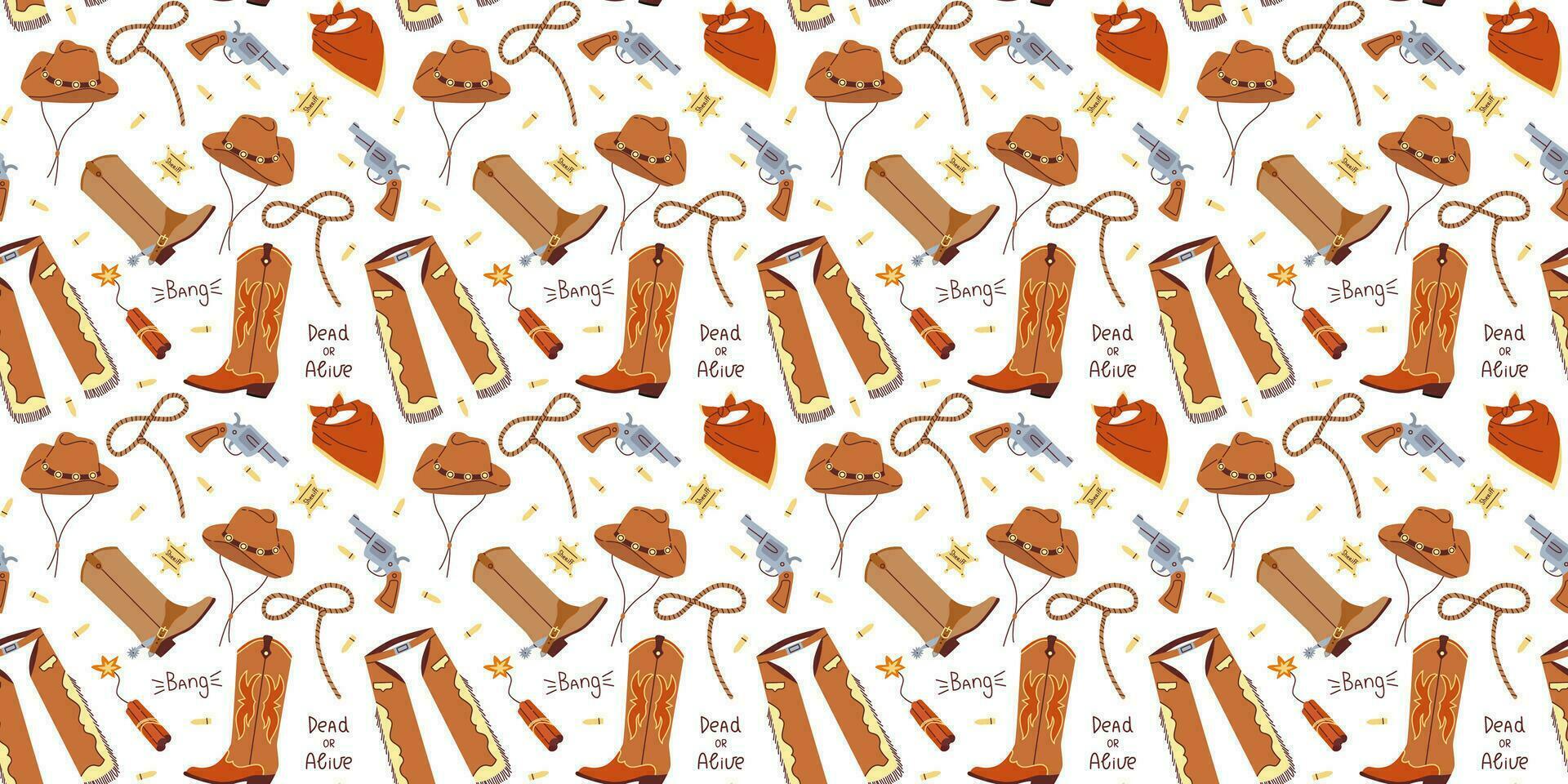 Seamless pattern with hand drawn colorful cowboy clothes on white background in flat cartoon style. Boots, bandana, hat, lasso, gun, chaps. Wild west concept. For background, packaging, textile vector