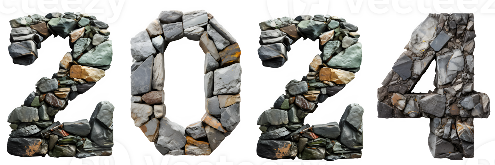 number 2024 with stone arrangement texture isolated on transparent background ,generative ai png