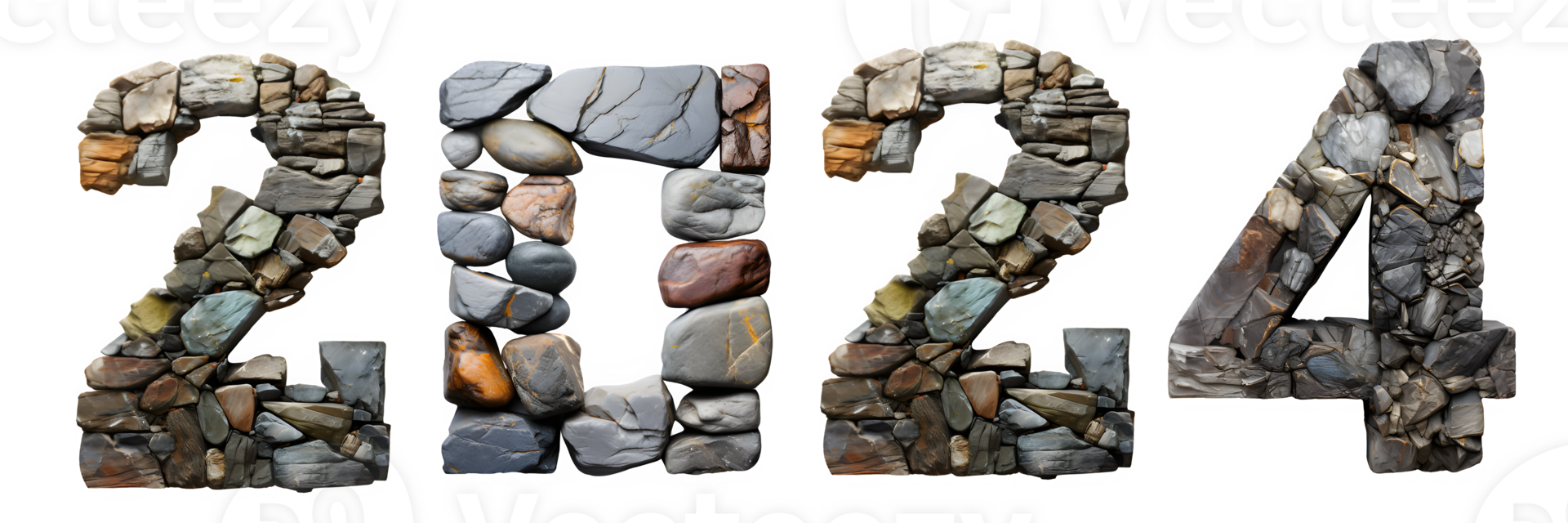 number 2024 with stone arrangement texture isolated on transparent background ,generative ai png