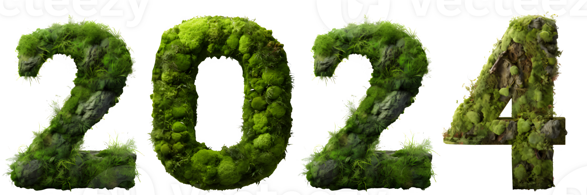 number 2024 with green moss texture isolated on transparent background ,generative ai png