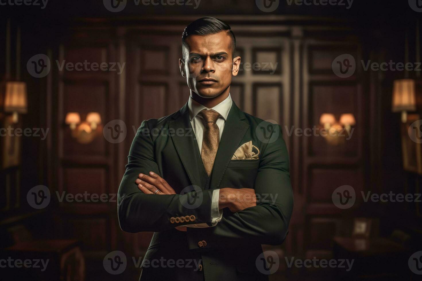 A man in a suit with a tie and a pocket square, standing confidently in a room. photo